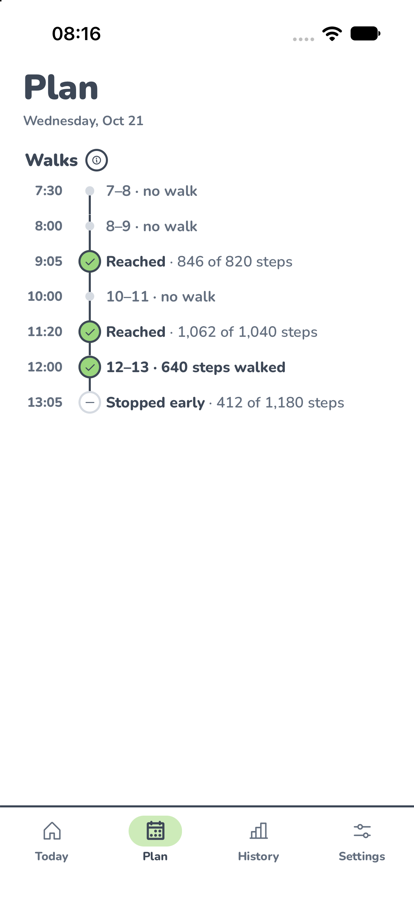 The Plan tab: the day's walks as a list, the next one at 2:15 pm highlighted