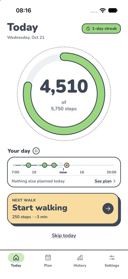 The Today tab: a ring with 4,510 of 5,750 steps, the Your Day strip and the Start walking card