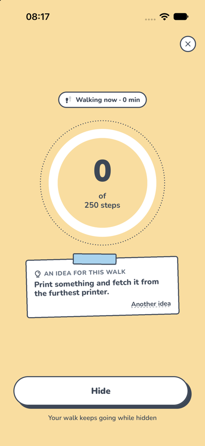 The walk screen on butter: 0 of 250 steps and an idea for the walk