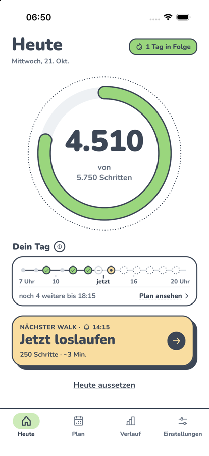 Der Today-Tab: Ring mit 4.510 von 5.750 Schritten, die Leiste „Dein Tag“ und die Karte „Jetzt loslaufen“
